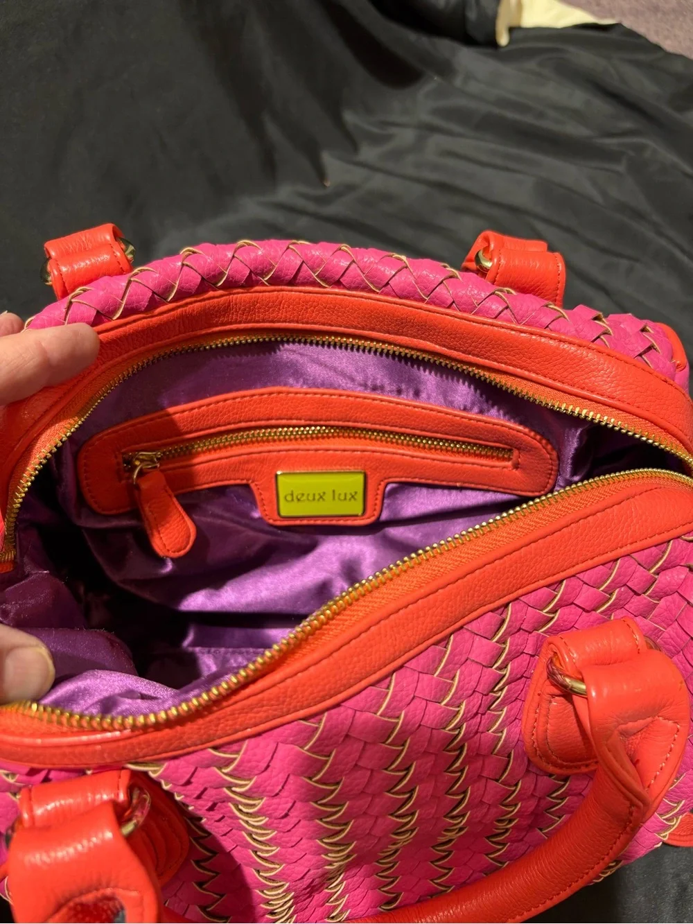 Deux Lux Hot Pink and Coral Woven Satchel with Shoulder Strap